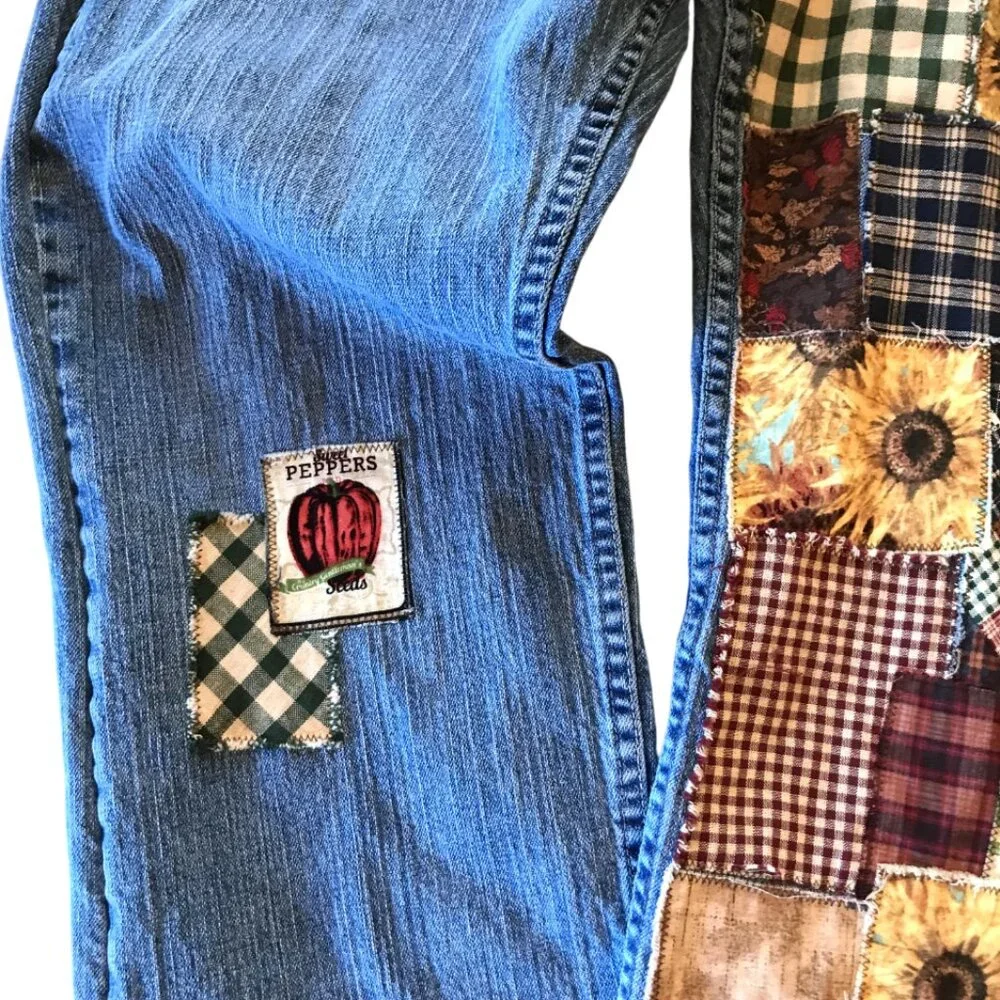 Upcycled Patchwork Jeans, Spring Garden Sunflower Plaid Patches Reworked Sz 16P